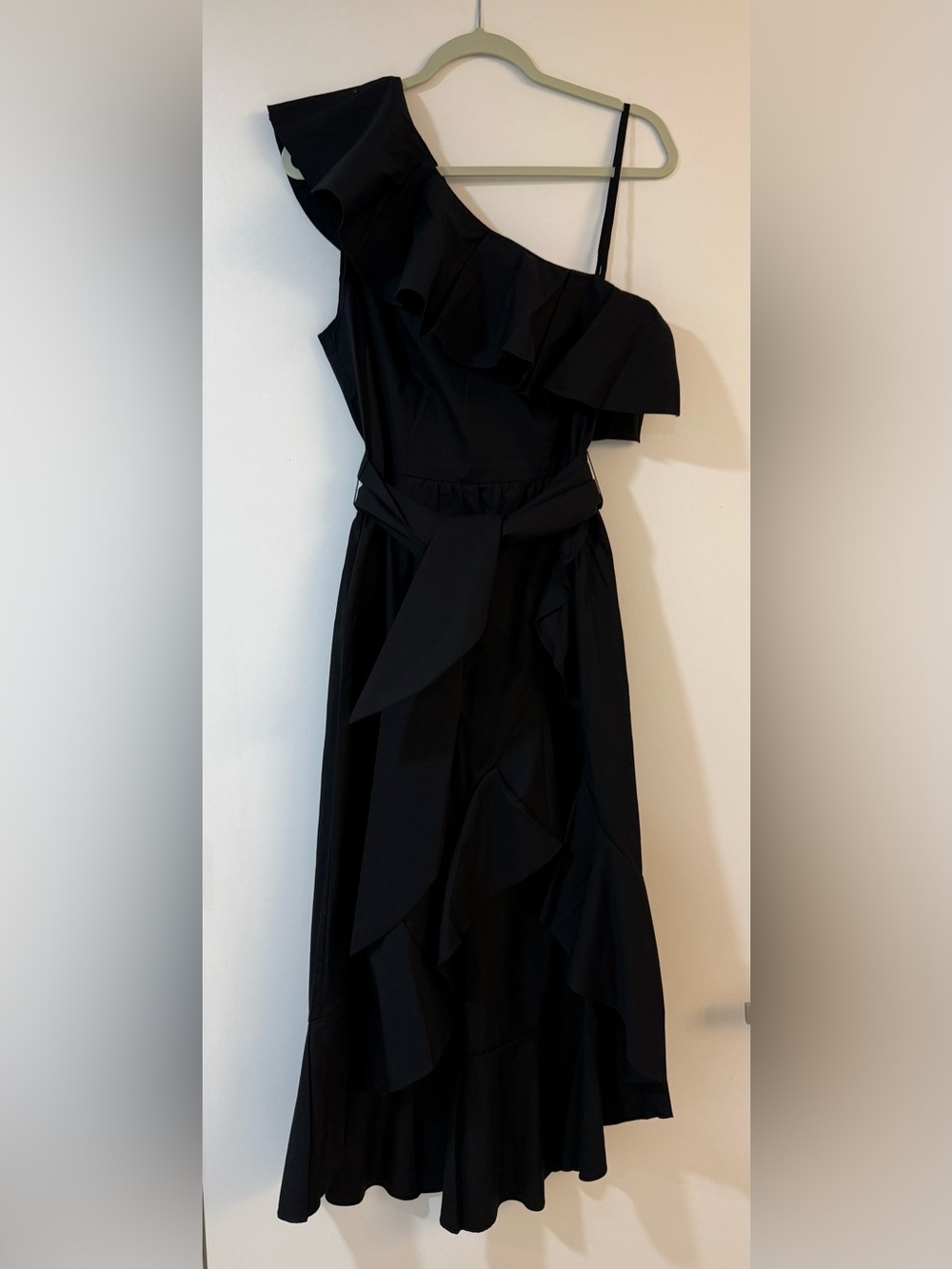 Sandro Black One-Shoulder Ruffle Dress with Waist Tie Size 3